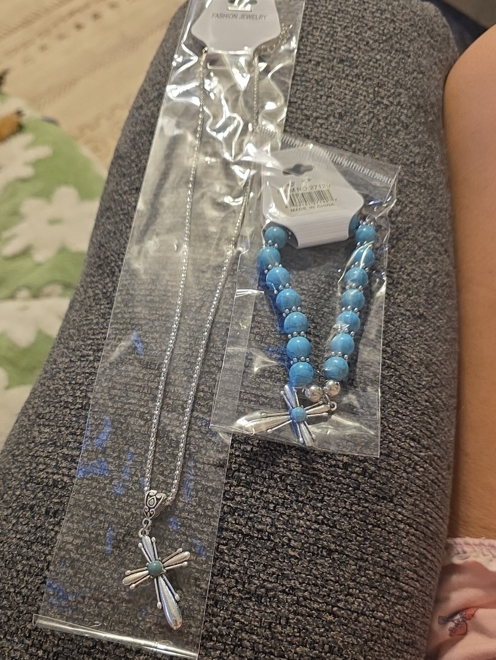 Turquoise Blue Cross Necklace and Beaded Bracelet Set